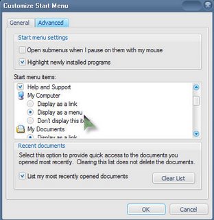 Customize Start Menu Dialog box